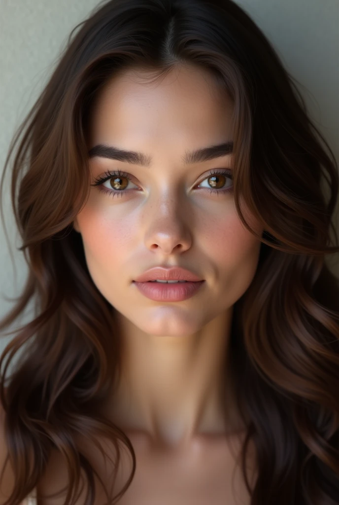 A very very realistic brunette woman very pretty with beautiful eyes a pretty nose and a pretty mouth