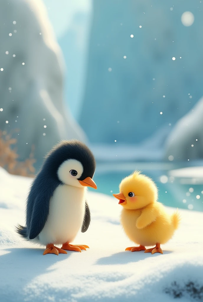 Start: The penguin and the chick are in separate starting positions..
Close up: The penguin starts walking towards the chick..
meeting: The penguin and the chick look at each other.
interaction: The chick approaches the penguin.
motion: The chick moves around the penguin.
Reaction: The penguin responds to the chick&#39;s movements.
Games: The penguin and the chick start playing together.
fun: Game moments are shown, like the penguin trying to follow the chick.
REST: The penguin and the chick sit together, resting.
Farewell: The chick begins to walk away.
follow: The penguin tries to follow the chick.
happiness: The chick turns and laughs at the penguin..
reunion: The chick returns to the penguin.
final: The two friends are together, happy.
Farewell final: The chick walks away and the penguin watches him..