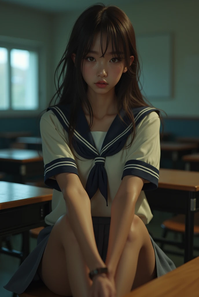 ((japanse beatiful girl:1.3)) ((school uniforms:1.4)) ((panty shot:1.5)) ((high school)),((dark blue skirt:1.3)) ((in the class room:1.3)) ((thin_fabric:1.4)) ((random sexy pose:1.3)) ((sweaty:1.5))((face is flushed:1.4)) ((big breasts:1.4)) ((close-up:1.2)) best quality,masterpiece,ultra high res,(photorealistic:1.4),raw photo,(Authentic skin texture:1.3),(film grain:1.3),panorama,character portrait,very wide shot,narrow waist,big breast,spread legs,orgasm expression, squirt(in the dark, deep shadow, low key, cold light,) night,(()),streaming tears,,dust,Tyndall effect,(expression),1girl,beautiful detailed eyes and face,white jabot,brown eyes,((brown hair:1.2)) ((full body:1.3)) ((smile:1.3))
