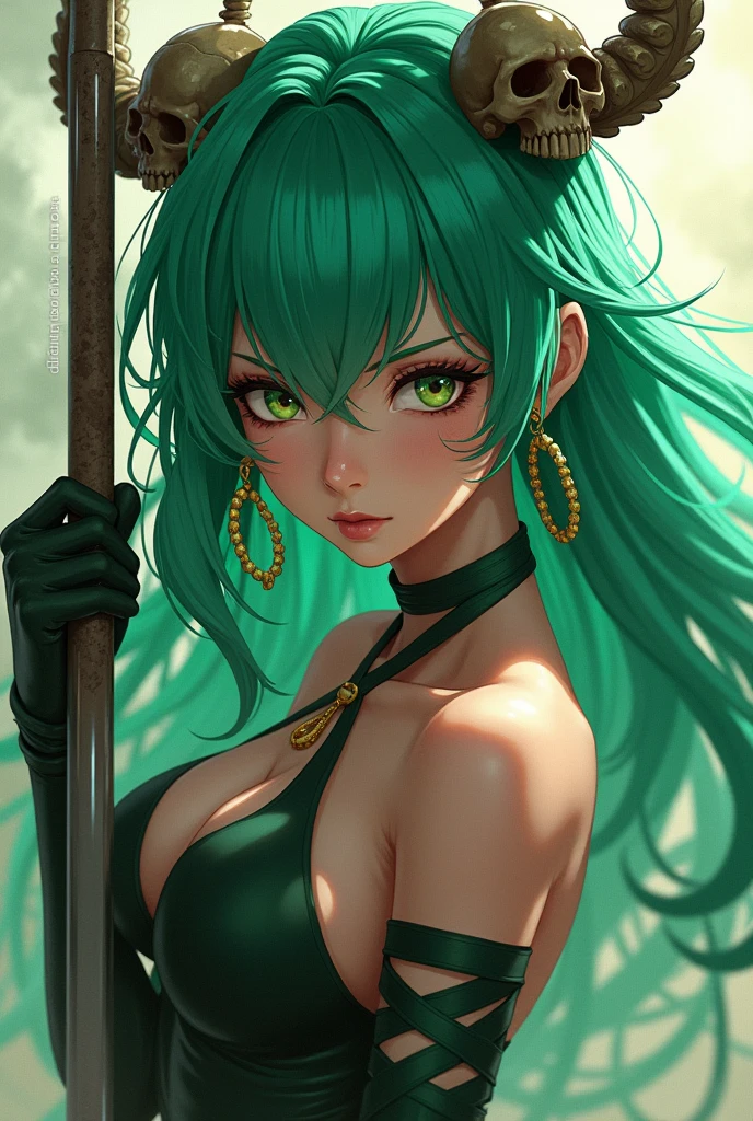 ((best qualityer)), ((work of art)), (detailded), woman with green hair, holding an epée, (Artgerm inspired:1.2), (winner of the pixiv contest:1.1), (octopus goddess:1.3), (Frenetic art style:1.2), retrato em close, goddess skull, (Senna do League of Legends:1.1), (Tatsumaki with curly green hair:1.2), card game illustration, thick brush, HD Anime Wallpaper, (akali from league of legends:1.1), 8K resolution