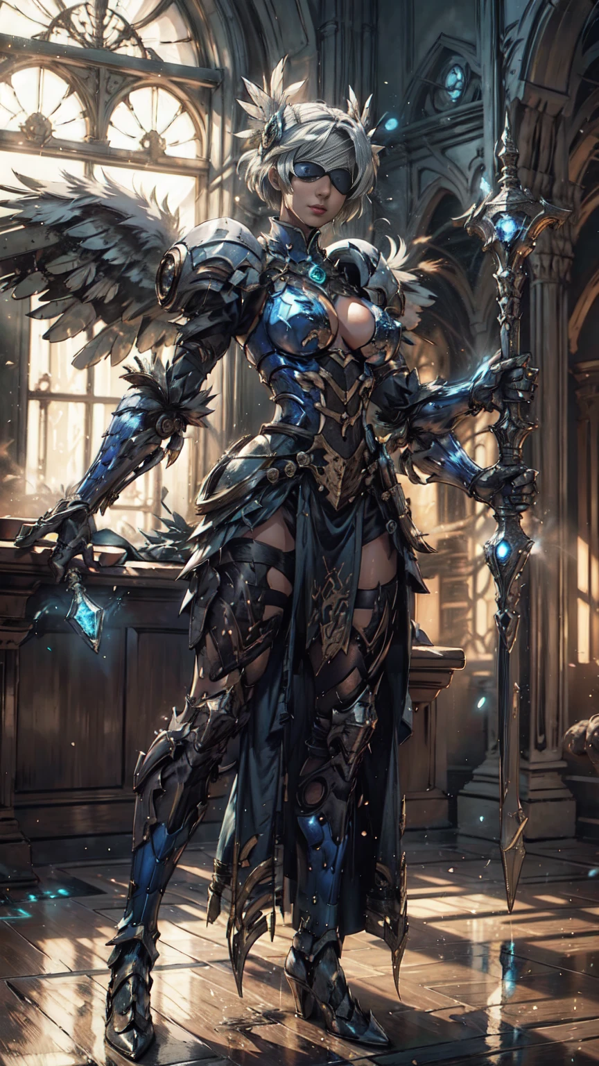 Make a 'kitbash' of Lenneth from 'Valkyrie profile' and 2B from 'Nier: Automata', combine 2B and Lenneth, solo, 1girl, BREAK: ((bright sapphire blue plate mech4rmor)), (boob window), thigh cutout, long skirt, (blindfold:1.27), wings, BREAK: standing contrapposto, (holding glowing spear), light smile, BREAK: plains, castle, BREAK: (better hands, best hands,) (insanely detailed, masterpiece, best quality), strong_negative, Chinese style