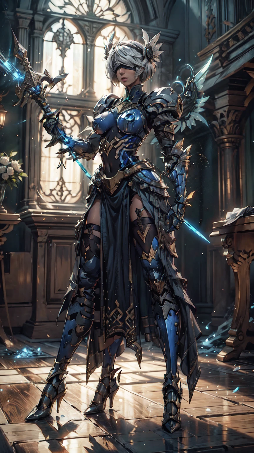 Make a 'kitbash' of Lenneth from 'Valkyrie profile' and 2B from 'Nier: Automata', combine 2B and Lenneth, solo, 1girl, BREAK: ((bright sapphire blue plate mech4rmor)), (boob window), thigh cutout, long skirt, (blindfold:1.27), wings, BREAK: standing contrapposto, (holding glowing spear), light smile, BREAK: plains, castle, BREAK: (better hands, best hands,) (insanely detailed, masterpiece, best quality), strong_negative, Chinese style