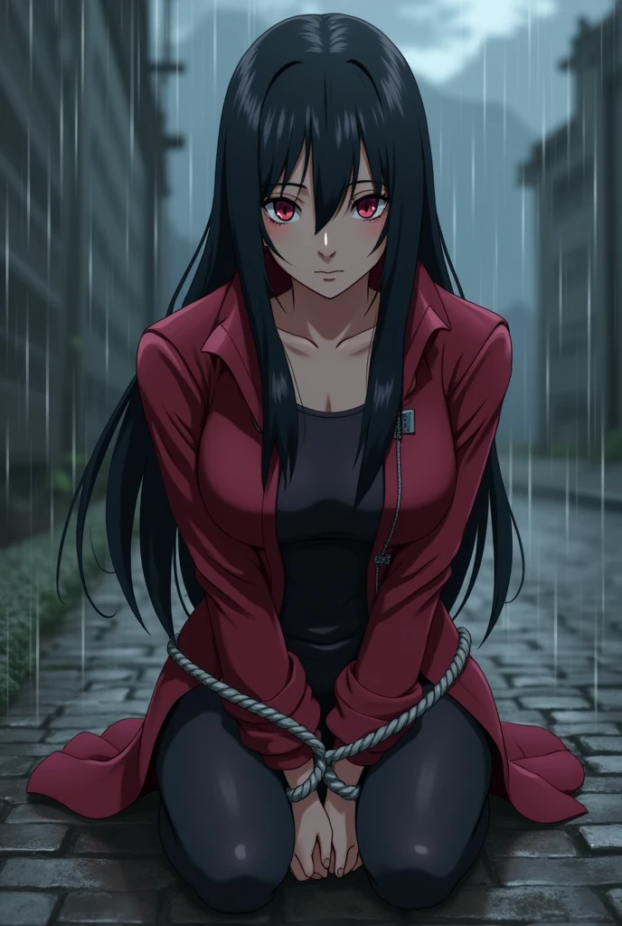 anime manga style a girl character sarada uchiha adult with a red jacket with long hair sarada who is tied to a rope hands tied behind her back on the ground in the rain