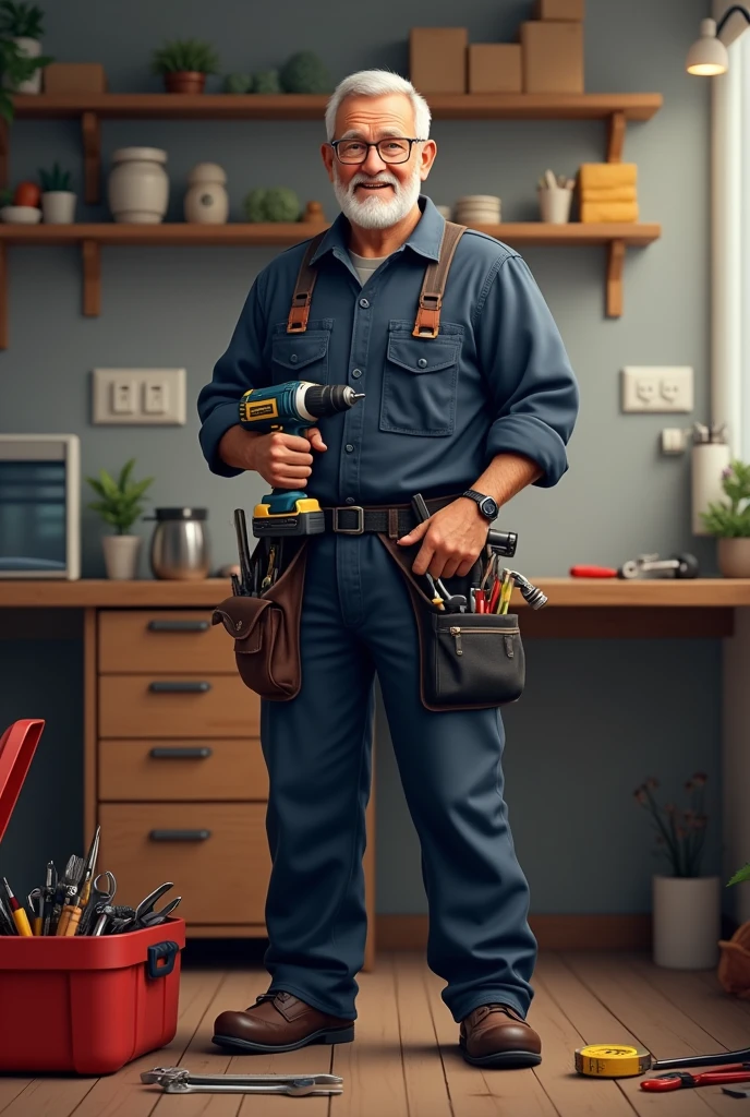 a middle aged man, wearing a dark blue work uniform with pockets full of tools. He holds a drill in one hand and a wrench in the other.., with a friendly expression. Ao fundo, you can see a wall of a house with shelves, uploads, and a light switch, suggesting a home working environment. There is also an open toolbox on the floor., with several tools scattered around, like a hammer, tape measure and pliers."