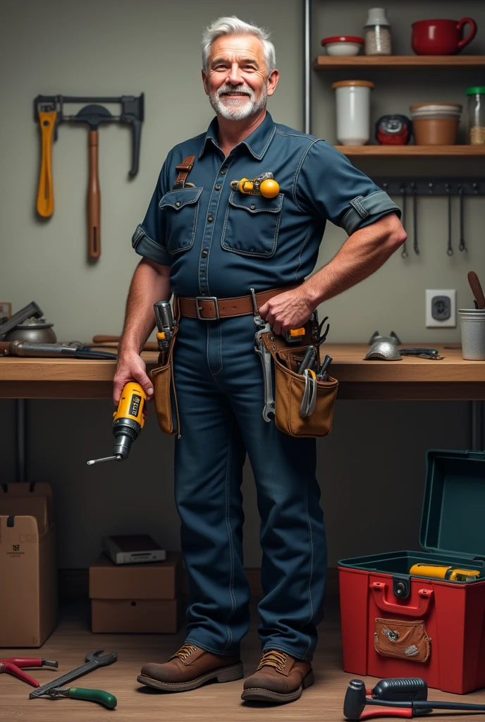 a middle aged man, wearing a dark blue work uniform with pockets full of tools. He holds a drill in one hand and a wrench in the other.., with a friendly expression. Ao fundo, you can see a wall of a house with shelves, uploads, and a light switch, suggesting a home working environment. There is also an open toolbox on the floor., with several tools scattered around, like a hammer, tape measure and pliers."