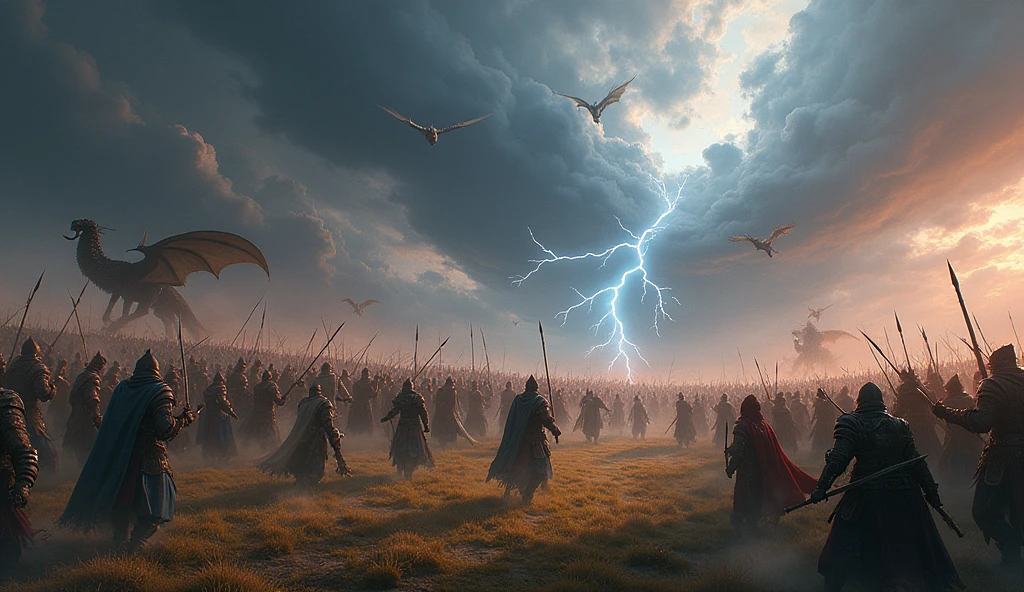 /imagine soon: An epic fantasy battle on a vast open plain, Armies of mythical creatures and warriors in confrontation, wielding fantastic weapons, A storm brewing in the dark skies, Lightning striking the ground, Dragons flying above, A sense of greatness and heroism amidst chaos, artwork, mixed media, Combining digital painting and traditional painting for action, Dynamics and detail, --with 16:9-at 5
