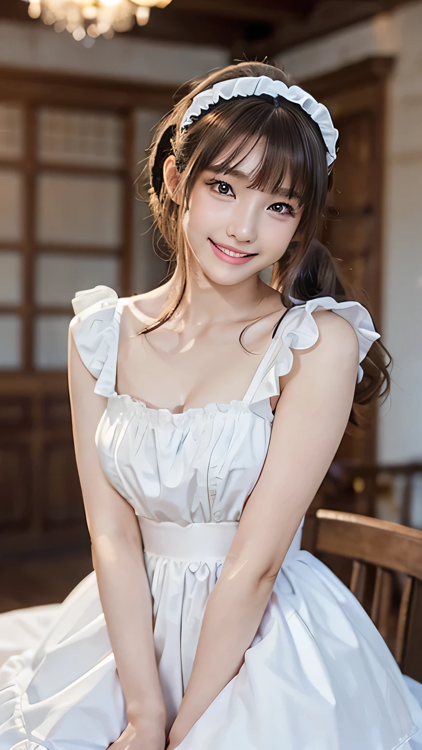 (Ultra-high quality, shot with DSLR, 8k, highest quality, high resolution, top quality, highest resolution, very beautiful woman, perfect anatomy), light brown eyes, very bright brown eyes, small diamond-shaped earrings, looking directly at the camera, beautiful brown hair, ((baby face, loosely cute medium ponytail)), very short and beautiful bangs on brown hair, E-cup bust, showing beautiful décolletage, very beautiful 20-year-old, lip gloss, smiling very happily, very cute smile, upper teeth, beautiful teeth, inside an elegant Western-style mansion (background only), slightly larger eyes, small face, tall supermodel, beautifully shaped model, random cute gravure pose, dynamic angle, eye focus, head tilt, very detailed and realistic, very beautiful 20-year-old, ((medium shot)), sharp jawline, ((maid costume cosplay)), deep waistline, sexy legs, side view, smiling very happily, laughing, summer noon.