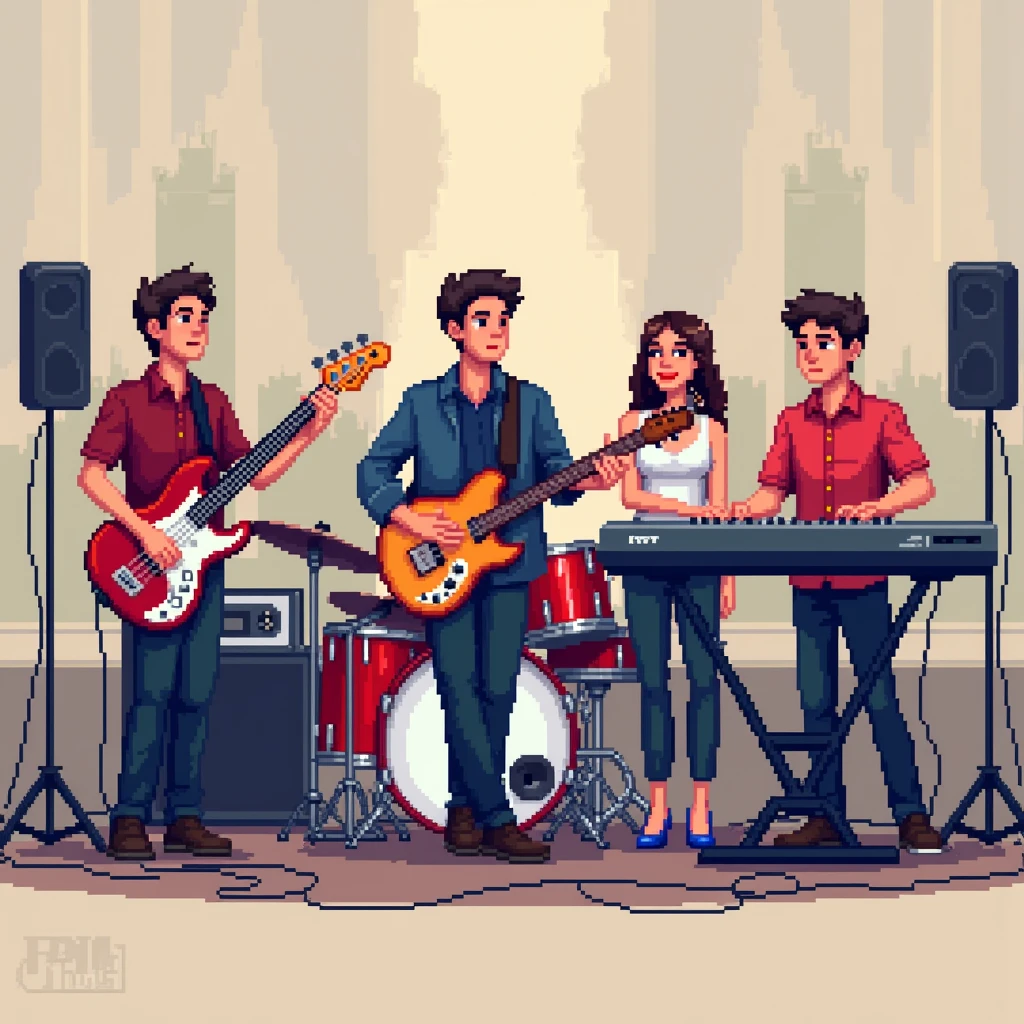 Make a small pixel art style image of a 5-member band with the following characteristics:
Man playing electric bass Woman playing keyboard Man playing acoustic guitar and singing Woman playing drums Man playing keyboard