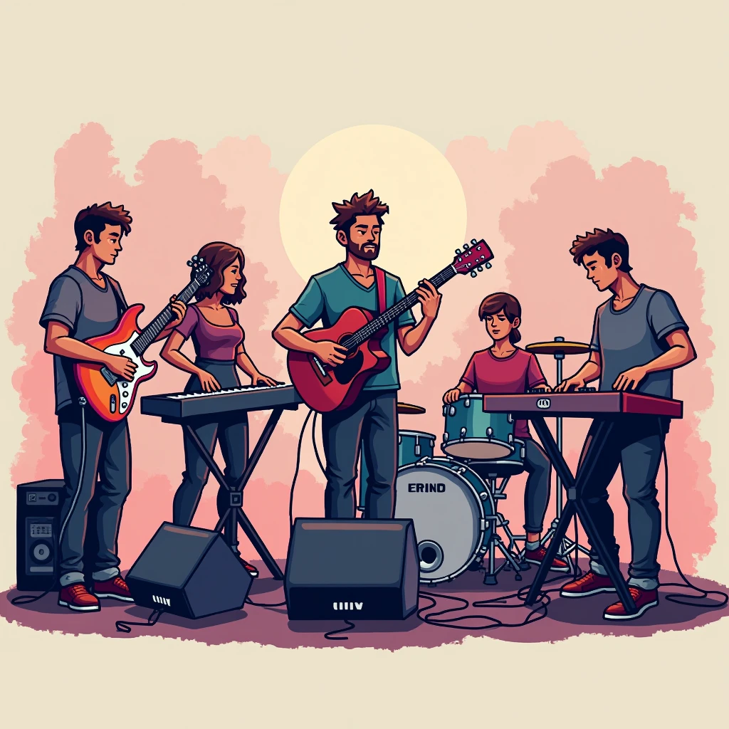 Make a small pixel art style image of a 5-member band with the following characteristics:

Man playing electric bass Woman playing keyboard Man playing acoustic guitar and singing Woman playing drums Man playing keyboard