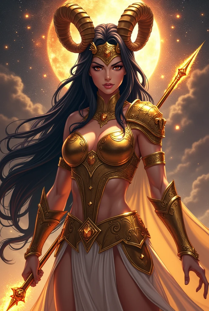 Create a stunning, powerful Amazon warrior inspired by the Knights of the Zodiac, wearing the golden Aries armor. The warrior stands confidently, with long flowing hair, possibly in shades of deep black or fiery red, complementing her fierce expression. Her Aries armor should be intricately designed with ram's horns on the helmet, detailed gold plating with celestial motifs, and elegant, flowing segments that protect her shoulders, arms, and legs. The armor should shine with a golden hue, reflecting light as if blessed by the cosmos. Surround her with a cosmic backdrop filled with stars, constellations, and swirling galaxies, emphasizing her connection to the zodiac and the mystical powers she wields. She should hold a weapon, like a spear or staff, that glows with ethereal energy. Her pose should convey strength, readiness, and an aura of protection, representing the protective qualities of the Aries sign. Make sure the scene captures the essence of the original anime style, with a mix of realism and fantastical elements.