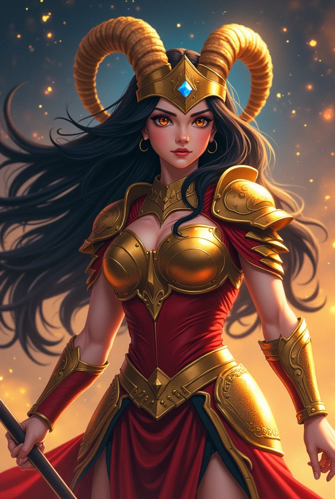 Create a stunning, powerful Amazon warrior inspired by the Knights of the Zodiac, wearing the golden Aries armor. The warrior stands confidently, with long flowing hair, possibly in shades of deep black or fiery red, complementing her fierce expression. Her Aries armor should be intricately designed with ram's horns on the helmet, detailed gold plating with celestial motifs, and elegant, flowing segments that protect her shoulders, arms, and legs. The armor should shine with a golden hue, reflecting light as if blessed by the cosmos. Surround her with a cosmic backdrop filled with stars, constellations, and swirling galaxies, emphasizing her connection to the zodiac and the mystical powers she wields. She should hold a weapon, like a spear or staff, that glows with ethereal energy. Her pose should convey strength, readiness, and an aura of protection, representing the protective qualities of the Aries sign. Make sure the scene captures the essence of the original anime style, with a mix of realism and fantastical elements.