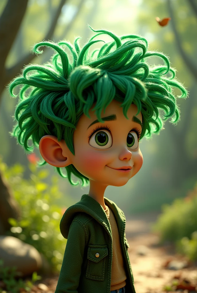 Image of dressed in Disney Pixar 3D style.with green hair .their branches