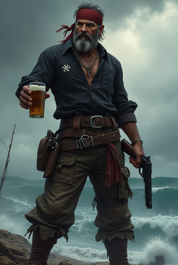 Pirate wearing a black shirt with a Maltese cross printed on the left chest holding a beer and a gun