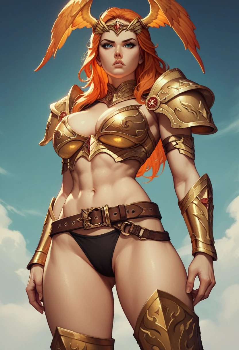 Detailed face, detailed eyes, detailed lips, 1girl, orange hair, golden warrior headpiece, head wings, golden bikini armor, golden shoulder armors, golden bracers, black underwear, big brown belt, golden thigh-high boots, armor boots, serious expression