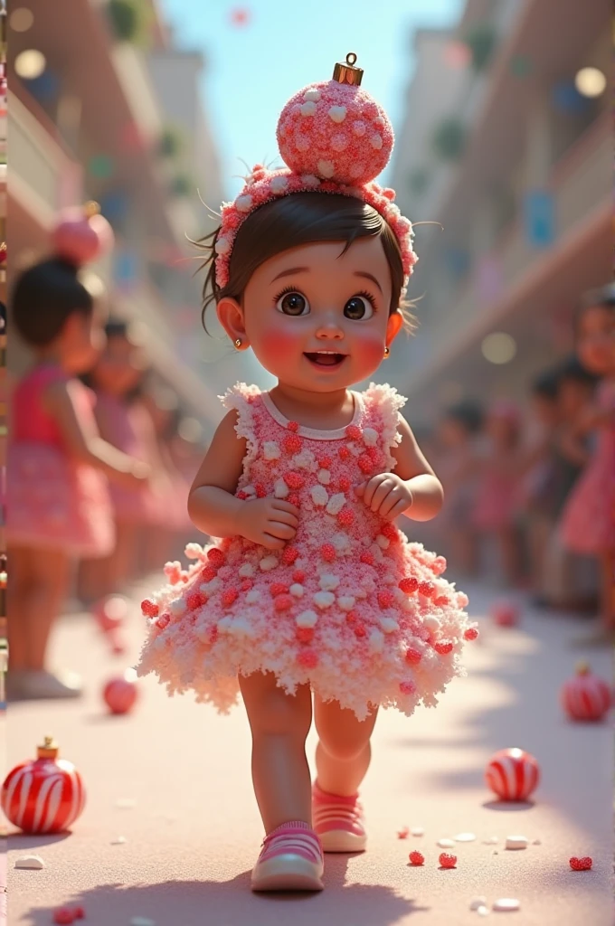 Create a scene where a smiling and adorable baby girl is wearing a dress made with candy canes in brigadeiros and grated coconut in relief, and on the baby's head an ornament of candy in relief, and parading on the catwalk, ultra realistic 4k moving camera