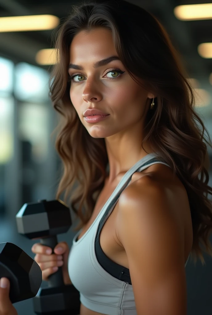 (best quality,4K,8k,high resolution, head of'artwork:1.2),ultra detailed, sharpness,(realistic,photorealistic,fotorrealistica:1.37),Extremely fine details, intricate details,cinematic camera angle(Photographie centrée sur femme cheveux bruns, cheveux waves, yeux verts, at the gym, portant des altères -, side photo
