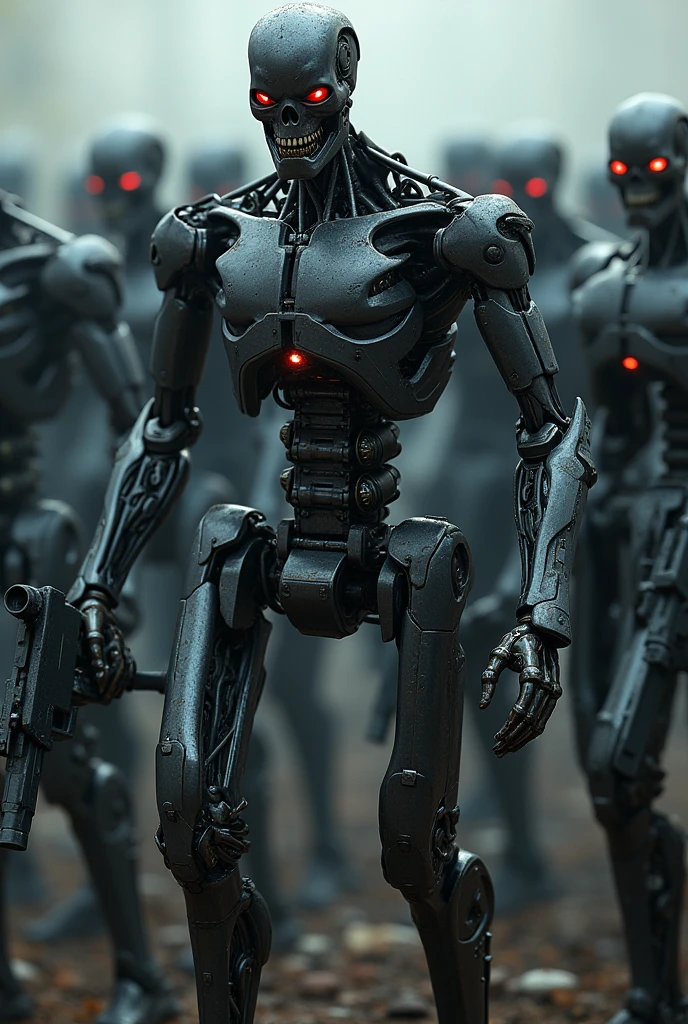 (4 T 980 Terminators with detailed metal skeleton)(Whole body)with red eyes and advanced weapons in their hands