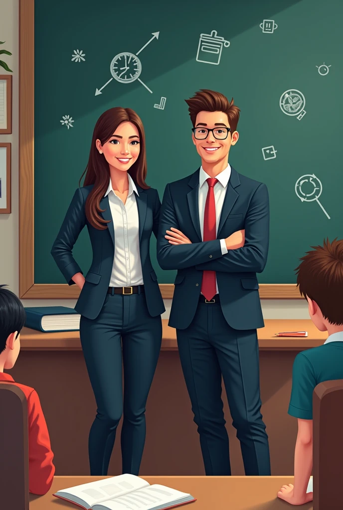 Sales logo on elementary school educational planning and materials with educational symbols with two teachers in formal attire and blackboard and students
