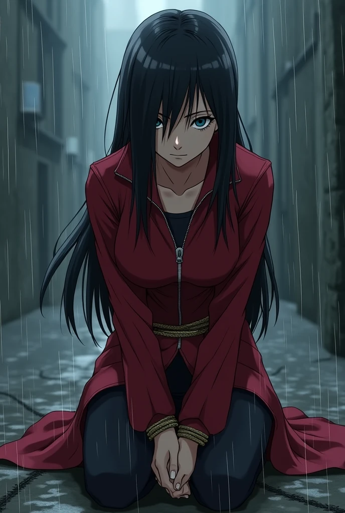 anime manga style a girl character sarada uchiha adult with a red jacket with long hair sarada who is tied to a rope hands tied behind her back on the ground in the rain