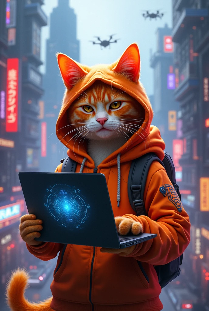 Orange cat wearing hoodie and holding a laptop on cyberpunk city