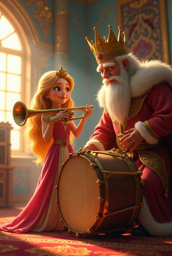 Princess Leticia playing the trumpet and the king playing the drum