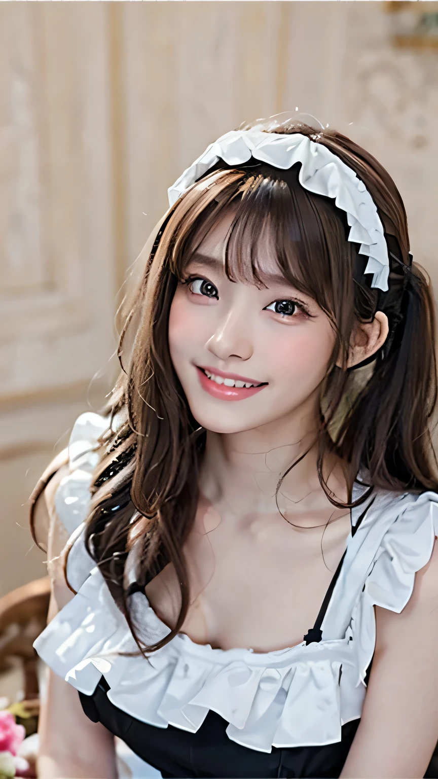 (Ultra-high quality, shot with DSLR, 8k, highest quality, high resolution, top quality, highest resolution, very beautiful woman, perfect anatomy), light brown eyes, very bright brown eyes, small diamond-shaped earrings, looking directly at the camera, beautiful brown hair, ((baby face, loosely cute medium ponytail)), very short and beautiful bangs on brown hair, E-cup bust, showing beautiful décolletage, very beautiful 20-year-old, lip gloss, smiling very happily, very cute smile, upper teeth, beautiful teeth, inside an elegant Western-style mansion (background only), slightly larger eyes, small face, tall supermodel, beautifully shaped model, random cute gravure pose, dynamic angle, eye focus, head tilt, very detailed and realistic, very beautiful 20-year-old, ((medium shot)), sharp jawline, ((maid costume cosplay)), deep waistline, sexy legs, side view, smiling very happily, laughing, summer noon.