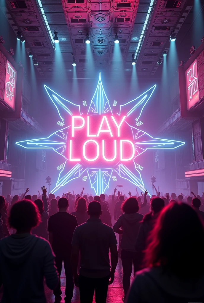 PICTURE REALISTIC, Tomorrowland style electronic music party, PEOPLE DANCING, a sign that says Play Loud