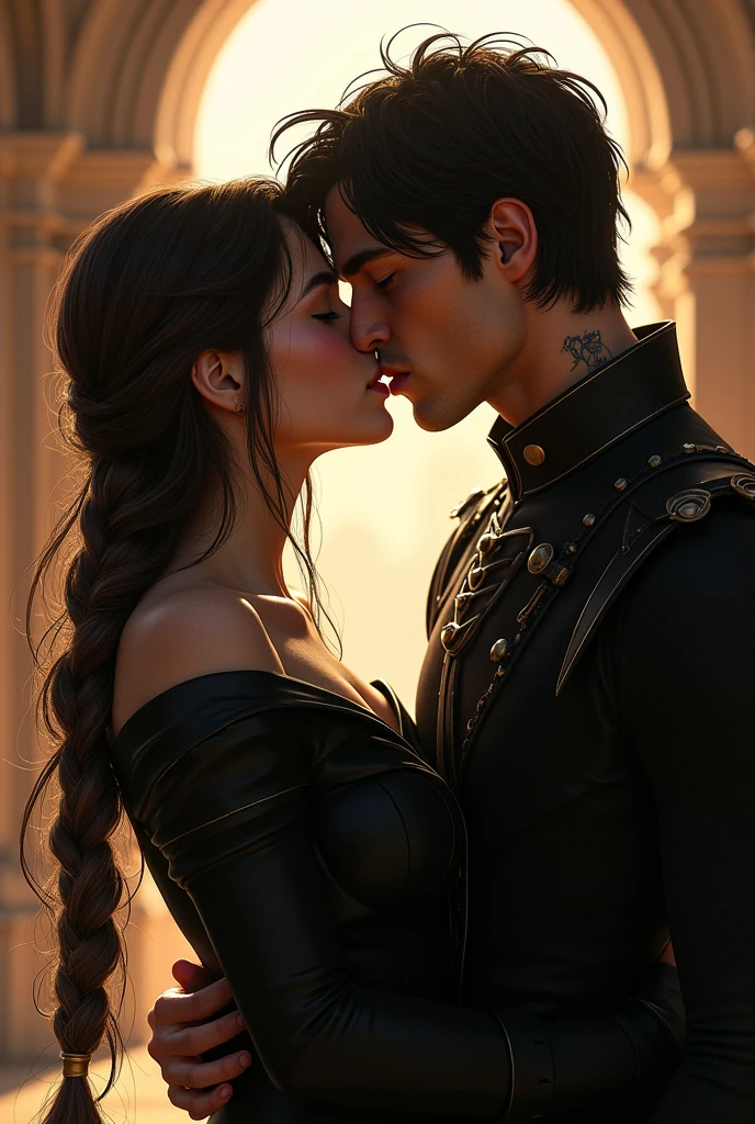 violet Sorrengail y in Chad Riorson se están besando apasionadamente en una escena cargada de emoción y conexión íntima.
violet: her long hair, Dark brown at the roots and white at the tips, falls into a long braid. His intense blue eyes are closed, showing a deep commitment to the moment. Her fair skin glows with a slight blush, y su rostro delicado con rasgos finos está cerca del de in Chad. She is wearing her black dragon rider uniform., that elegantly fits your slim figure.
in Chad: Her dark, short hair, slightly disheveled, is gently messed up by proximity. His blue eyes are also closed, reflecting an intense connection. Her fair skin with a slightly tanned tone, and the tattoo on his neck is visible. His manly face, with a strong jaw, shows unusual softness and tenderness. He also wears his black dragon rider uniform., that highlights his muscular body while enveloping her in a protective embrace.
The scene is lit with a soft light that highlights the closeness and bond between the two characters., creating an atmosphere of intimacy and passion.