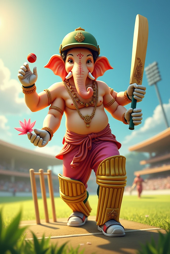 Create an image of Lord Ganesh playing cricket on a sunny day. He is dressed in traditional cricket gear, including a helmet, pads, and gloves. In the background, there is a lush green field. His elephant head and multiple arms are depicted naturally, one arm holding the bat, another gesturing towards the bowler, and others holding traditional items associated with Ganesh, like a lotus flower and a modak. The scene conveys joy and celebration, blending modern sport with traditional Hindu imagery."