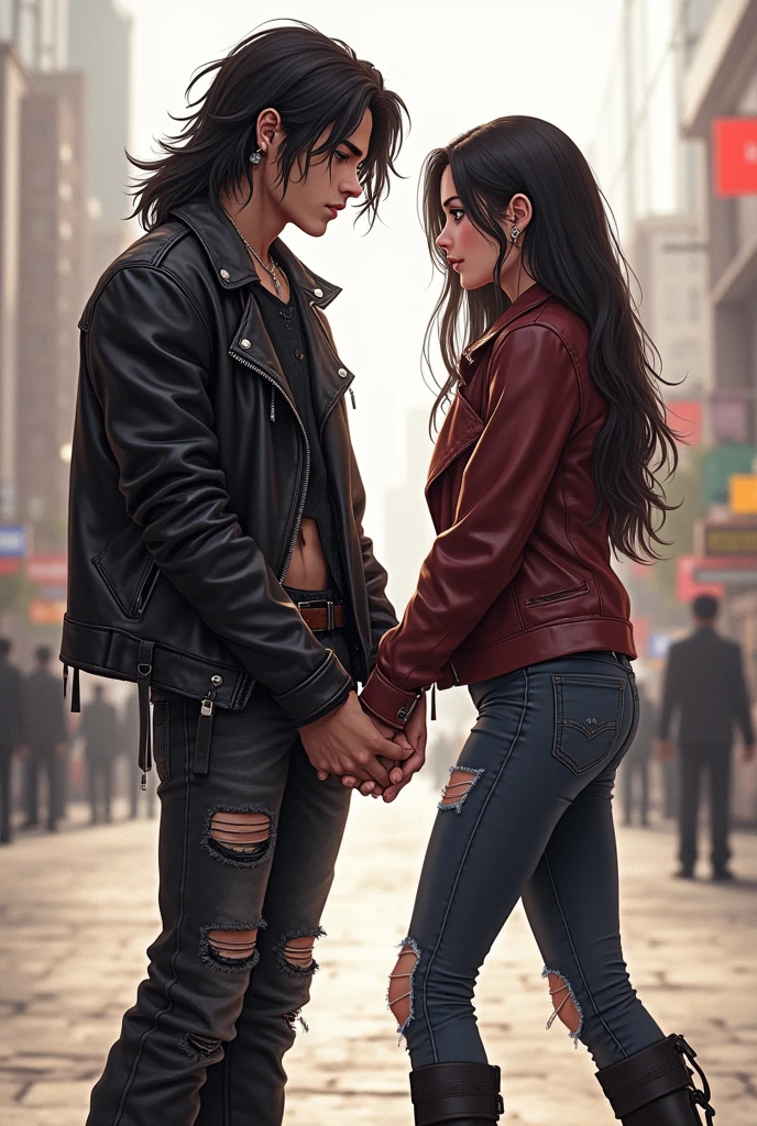 generates a very handsome Korean boy with long hair with a rocker style holding hands with Nayeon from Twice in a realistic illustration as a cover
