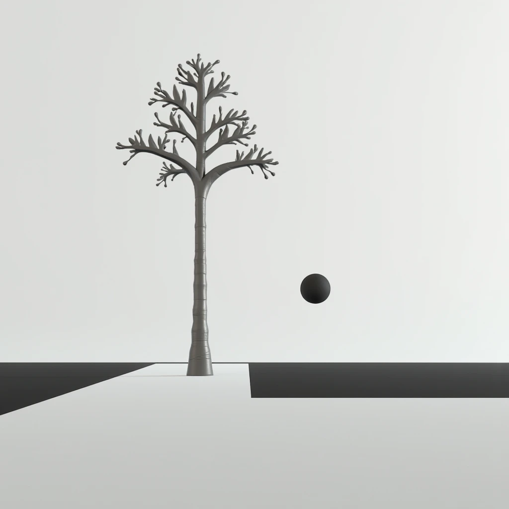 A minimalist 3D render of a surreal landscape. A smooth, geometric plane stretches towards a horizon where a single, perfectly spherical sun hangs low in the sky, casting a stark, single shadow. A single, impossibly tall, metallic tree pierces the landscape, its branches reaching towards the sun. The color palette is limited to black, white, and one accent color. The overall aesthetic is clean, geometric, and evokes a sense of isolation and quiet wonder.