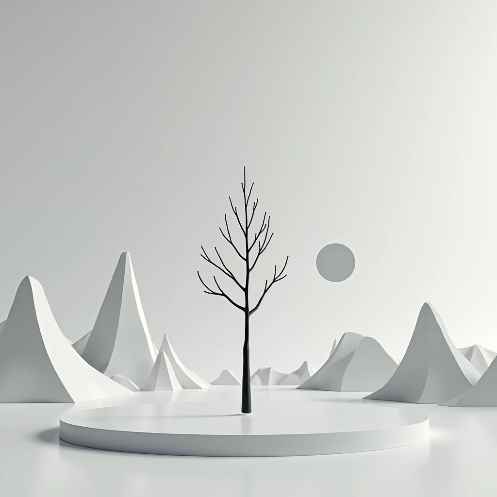 A minimalist 3D render of a surreal landscape. A smooth, geometric plane stretches towards a horizon where a single, perfectly spherical sun hangs low in the sky, casting a stark, single shadow. A single, impossibly tall, metallic tree pierces the landscape, its branches reaching towards the sun. The color palette is limited to black, white, and one accent color. The overall aesthetic is clean, geometric, and evokes a sense of isolation and quiet wonder.