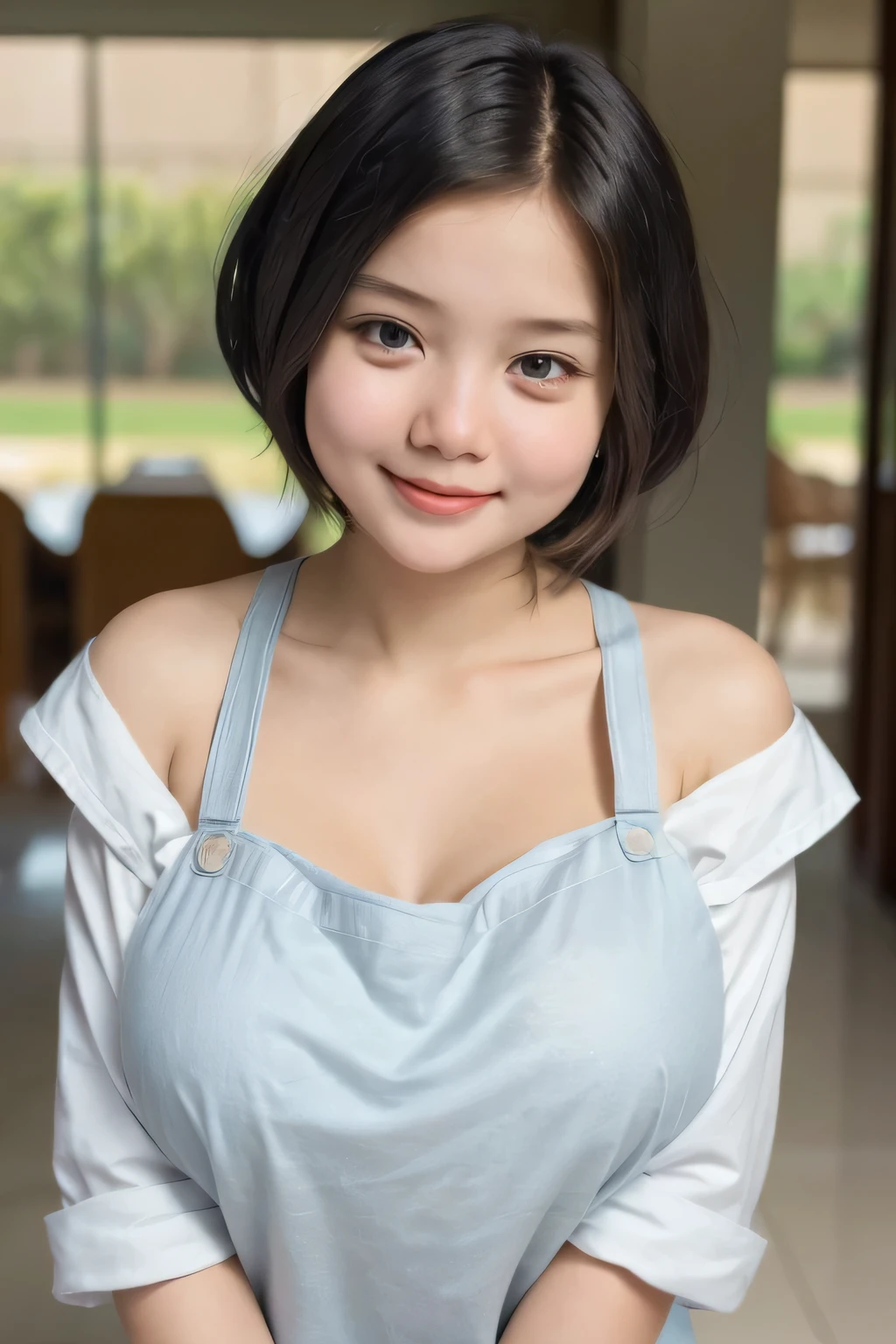 adorable, 1 girl, (face to face), , , happy, medium portrait, (face details: 1), (eye details:1), ((naked big breasts)). wearing transparent transparency mini apron, .. Cute posed. proportional body. Ultra High Res. realistic: 1.4, UHD, ((shorthaircut)), lace ((Gigantic))