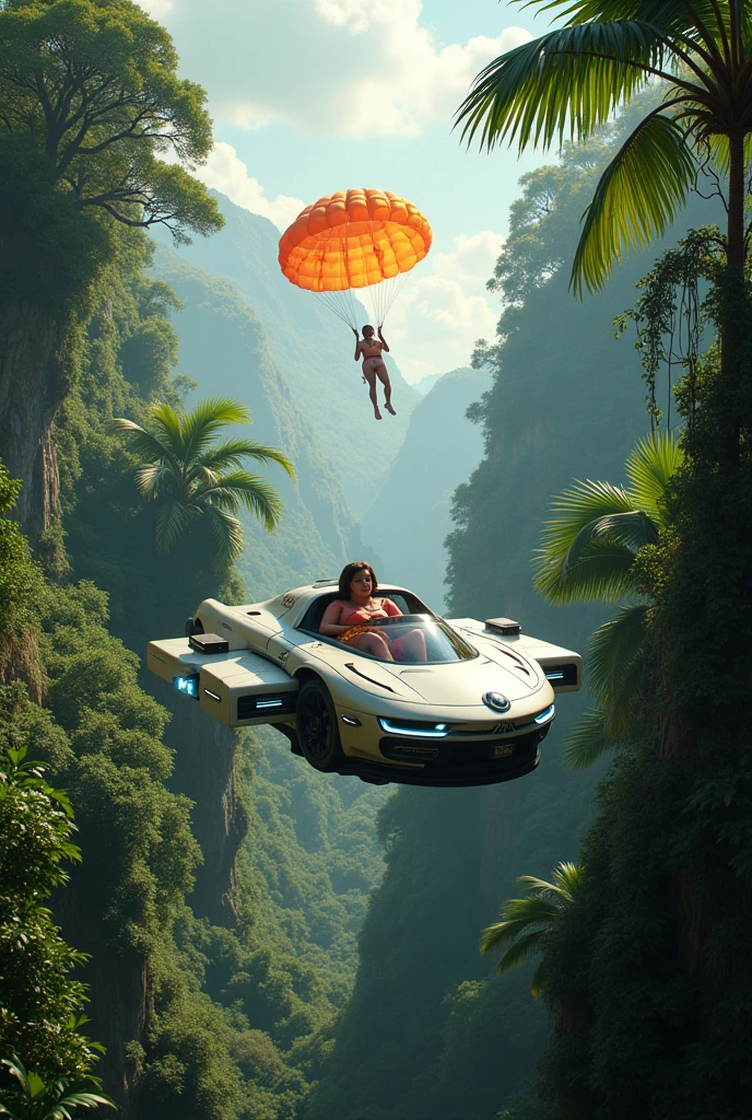 Flying car Place jungle landscape behind the car Shows an image with perspective from inside the car having a panoramic view In the background place an overweight woman falling by parachute 
