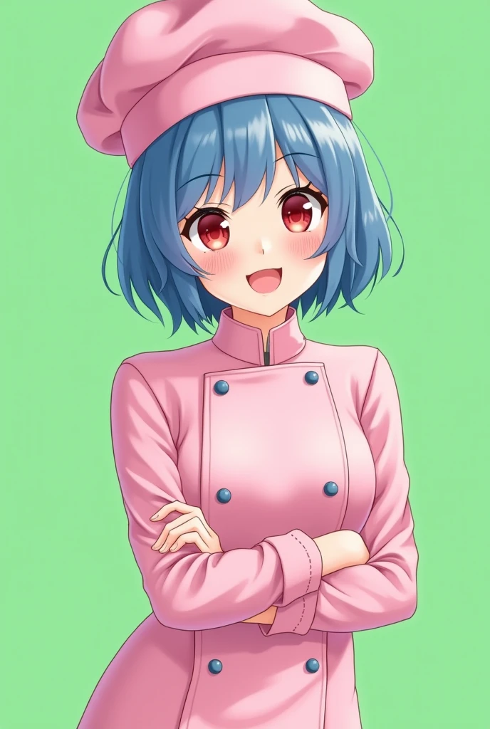 Female chef between 18 and 20 years old, with a pink long-sleeved uniform and a chef's hat of the same color, 2D anime style with pastel colors, short blue hair, Red eyes ,with a happy expression, on a completely green and flat background