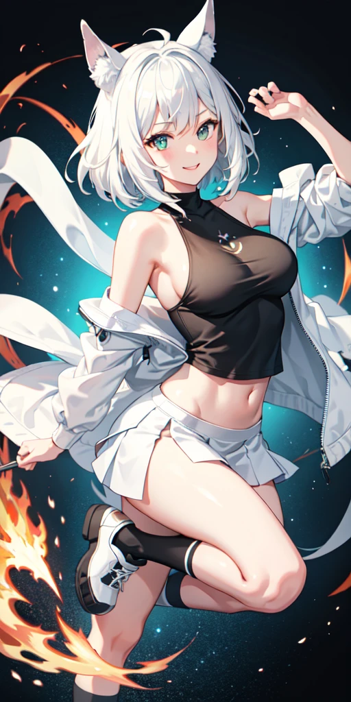 1 person,woman,Black tank top,Wolf cut hairstyle,Silver Hair,Blue Flame, Vortex of flames,wallpaper, Wind景,Depth of written boundary, night, Particles of light, light, Side light, Thighs,****, White mini skirt, White knee socks, cloud,Gaze, Large Breasts, Emphasize the chest,Green Eyes, Horse ears, Bright smile,Open your mouth,Horse tail,Wind,White jacket,