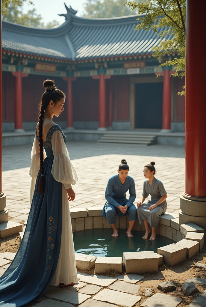 In the full Tang Dynasty era, a beautiful princess in a dark white dress, full of Tang Dynasty official regalia, stands looking at an underground water pump that a young man in a blue dress and a village girl in a gray dress are explaining how to use. In the courtyard in front of the palace, it is realistic.