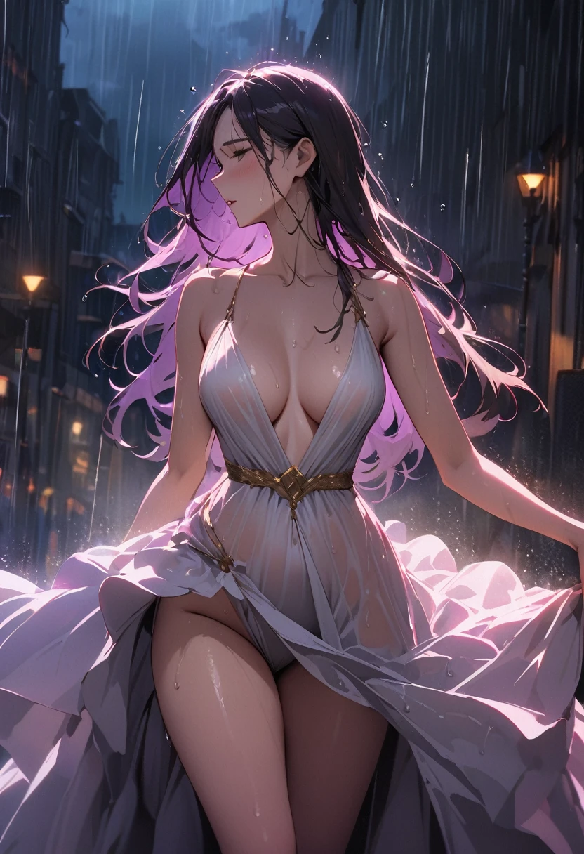 (masterpiece,top quality,high quality)), ((8k wall paper, combined with high-resolution computer graphics)), (Huge stunning goddess shot, so hot and sexy, сногсшибательная beauty, perfect proportions, beautiful body, slender body, beauty:1.3), (dancing in the rain:1.5)), Woman in white dress dancing in the rain, dancing in the rain, sloshing rain, dripping wet, dripping wet body, carnal desire, wet in the rain, wet dress, Backlight, rain, wet hair shaking, splashing rain, night, rain, portrait of a dancer, facing away, looking through, Rough pose, front view, full body shot,