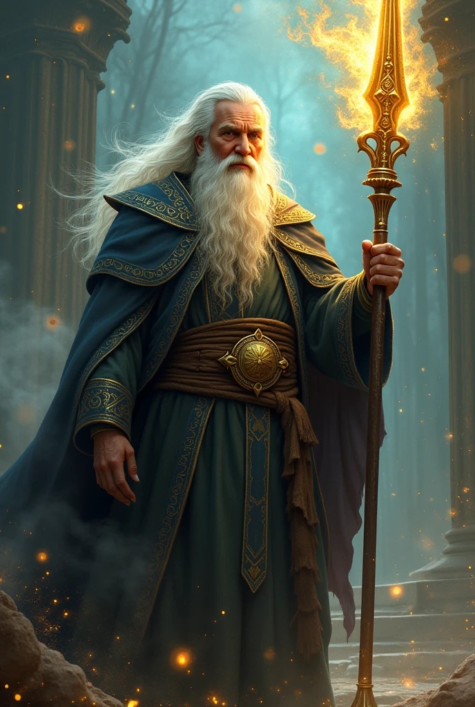 A great adult wizard with powers of illusion holding his metal spear with a golden tip