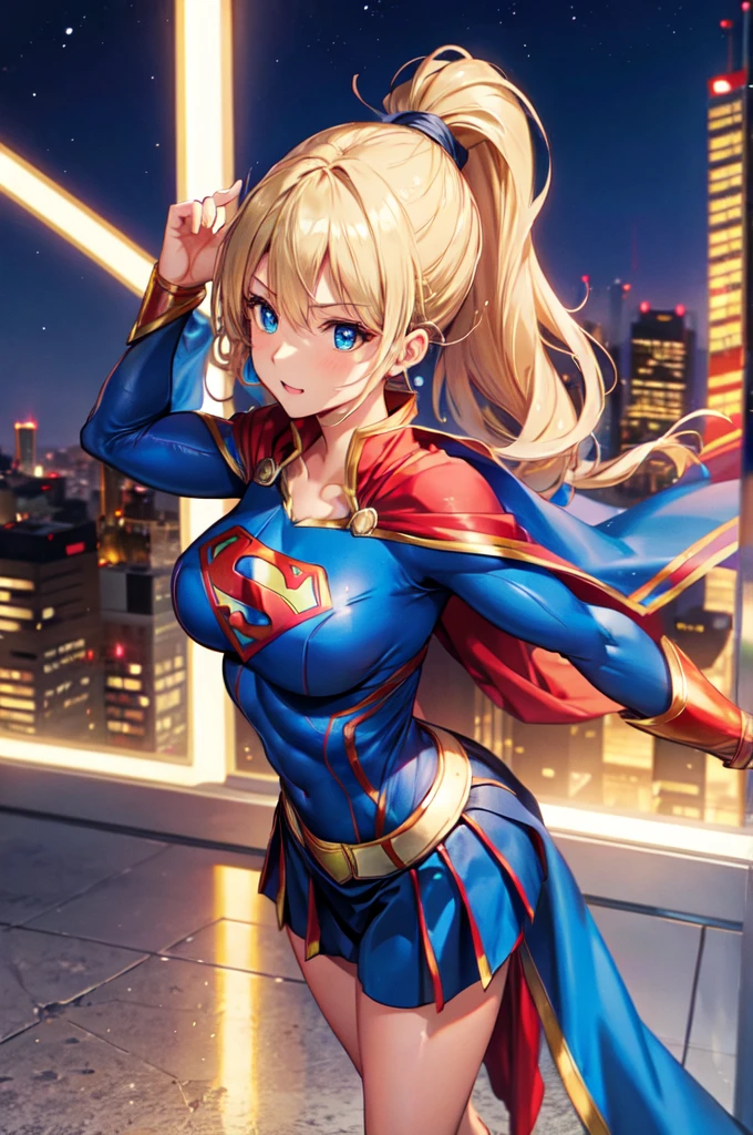 female, supergirl, large breasts, ponytail, (muscular), city, medium portrait, cape,