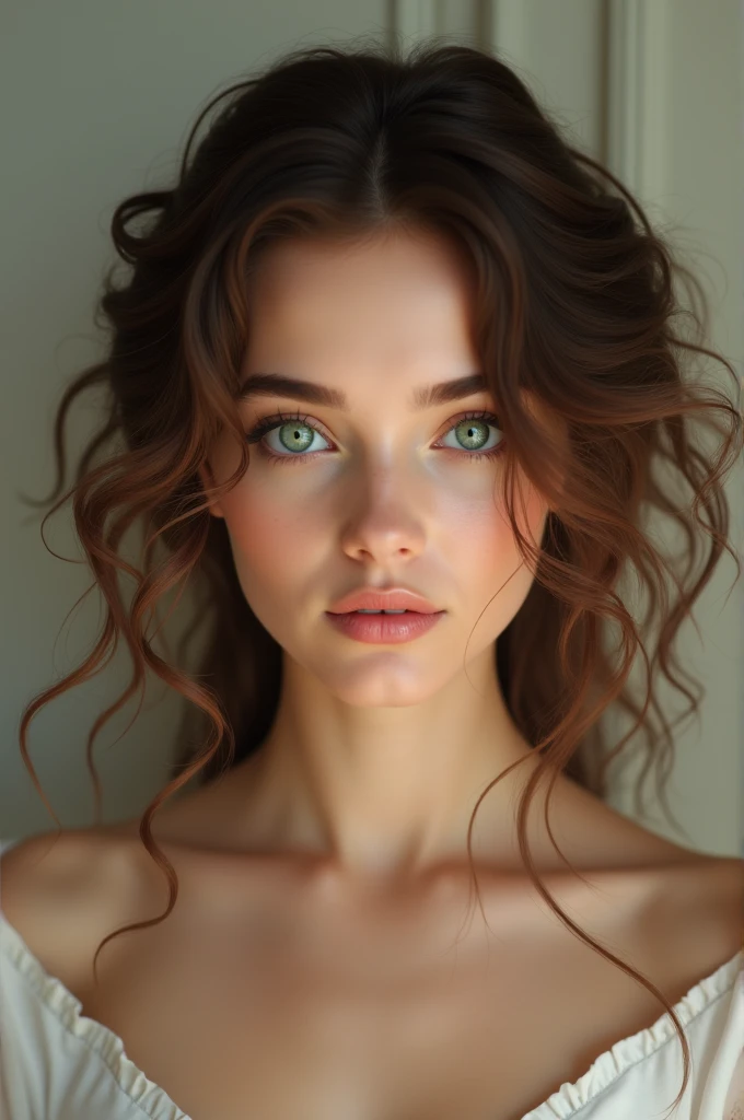 White woman with curly brown hair and green eyes