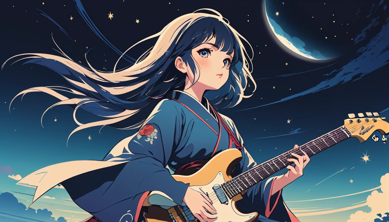 Electric guitar、Female samurai、Wide-angle lens, Lofi Anime, Lofi illustration, Aesthetic atmosphere, Lo-Fi Style, Vector art, Flat Design, Simple shape, Warm tones, Pleasant atmosphere, Chill, In anime style, Digital drawing, Vector art, Vector logo for t-shirt printing, (Adorable:1.5), (small:1.4), (Playful:1.2), (soft:1.3), (Whimsical:1.1), masterpiece, Highest quality, 8k, Intricate details, grow, Celestial, Mysterious, Picturesque, amazing, Majestic, Magic, Fantasy art, Cover art, dream-like