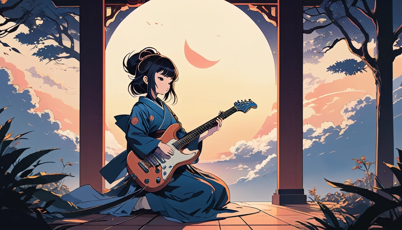 Electric guitar、Female samurai、Wide-angle lens, Lofi Anime, Lofi illustration, Aesthetic atmosphere, Lo-Fi Style, Vector art, Flat Design, Simple shape, Warm tones, Pleasant atmosphere, Chill, In anime style, Digital drawing, Vector art, Vector logo for t-shirt printing, (Adorable:1.5), (small:1.4), (Playful:1.2), (soft:1.3), (Whimsical:1.1), masterpiece, Highest quality, 8k, Intricate details, grow, Celestial, Mysterious, Picturesque, amazing, Majestic, Magic, Fantasy art, Cover art, dream-like