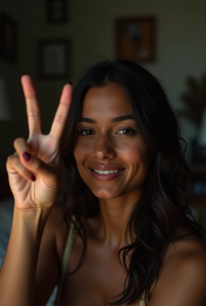 brunette and black latina at home making peace and love sign with hand, darkskin, Selfie, slim, with just one hand the signal, Selfie no espelho, not too close, tirando a Selfie com o celular na mão, iluminação mais escura, menos artificial