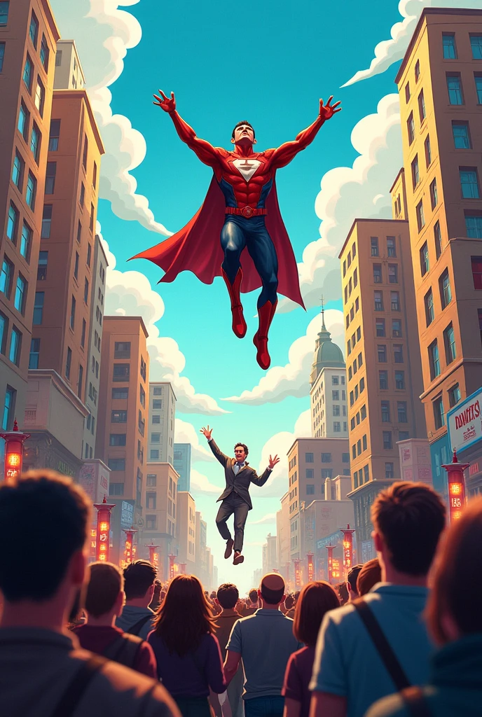 scene: The city returns to normal with citizens celebrating.
Characters: DonaMan flying into the sky while Dr.. Salty, sugar coated, is arrested.
Text: "Sugar is safe once again!