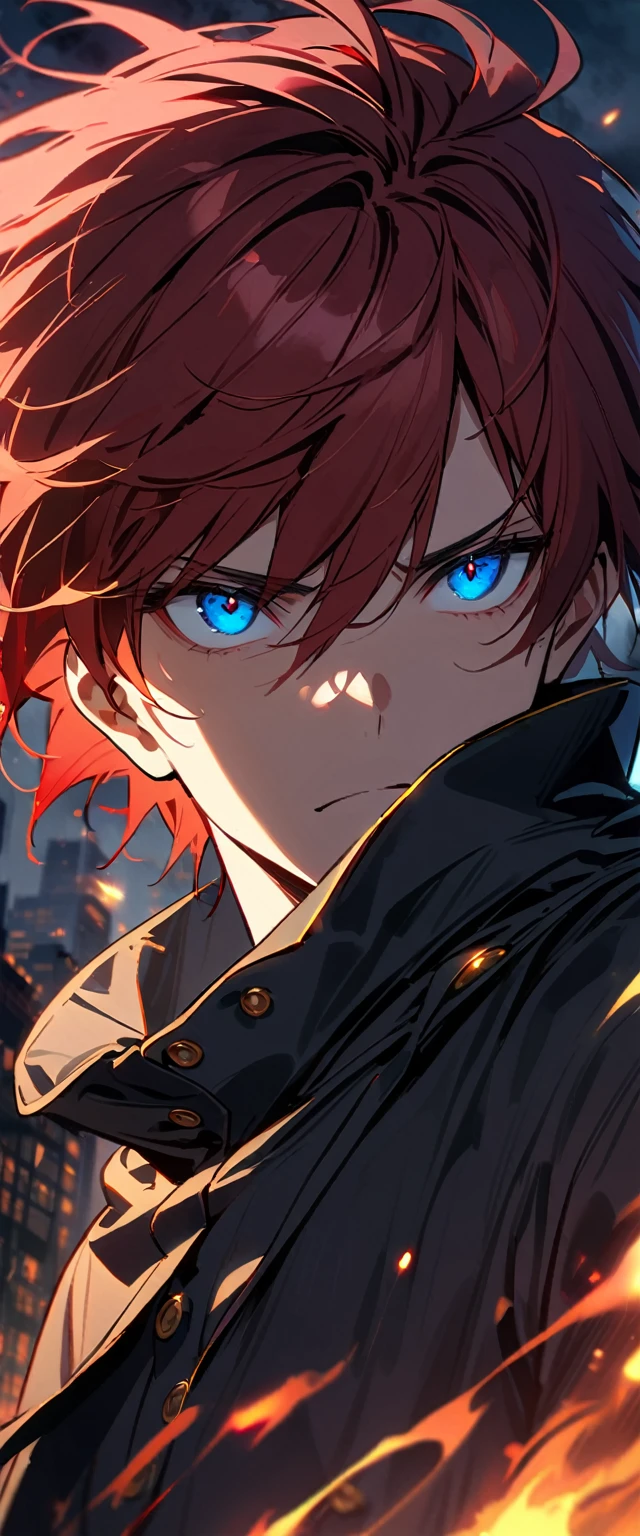 1 boy, solo, close-up, Red hair, short hair, Hair flying in the wind, Blue eye shines, Cold and scary features, eerie silence, City background ill luminated at rainy cloudy night,Frowning,Fire power, fire in his clothes and hair,Blue eye detail detail.