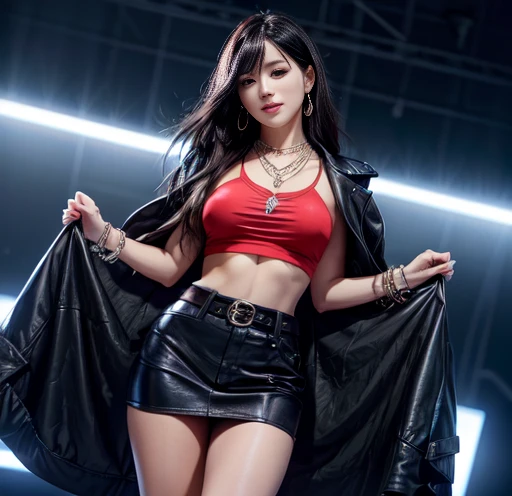 1 woman 30 years old, One, long straight black hair, bang,I look at the viewer, detailed eyes, shy smile,Jewelry, medium breast, earrings,belt, blue leather jacket over a tight red t-shirt,mini skirt,sheer white tights,NECKLACE, bracelet, lips,((Dynamic angle)),