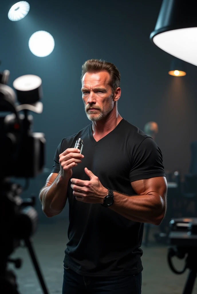 Arnold Schwarzenegger, holds a cosmetic product in his hand, is in the studio for filming