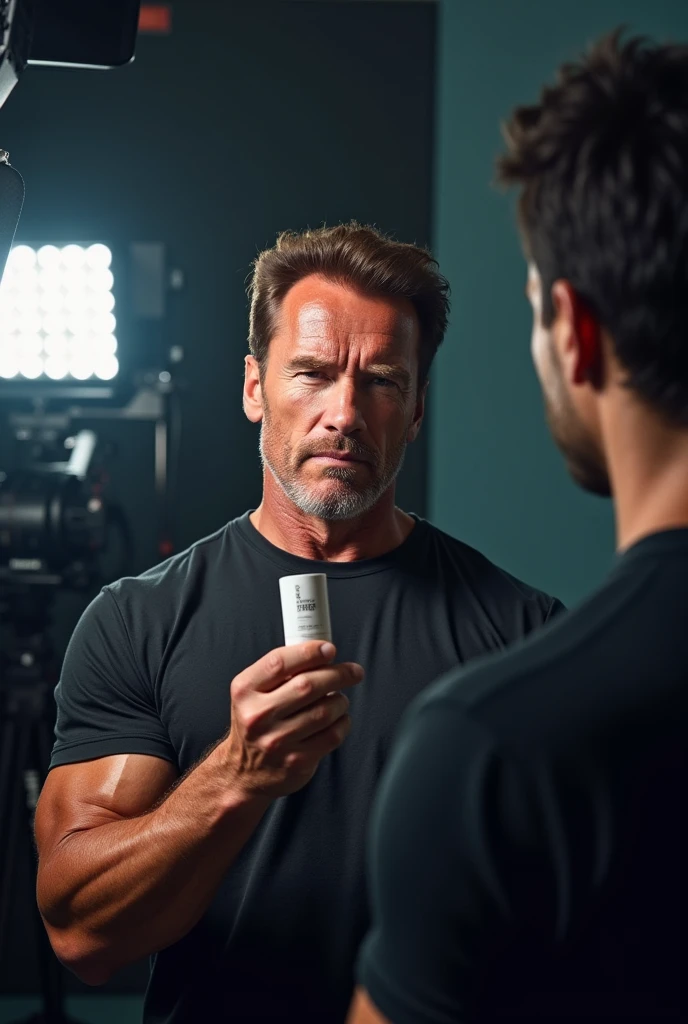 Arnold Schwarzenegger, holds a cosmetic product in his hand, is in the studio for filming