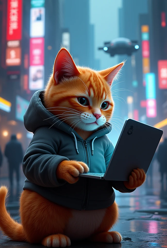 Orange cat wearing hoodie and holding a laptop on cyberpunk city at night